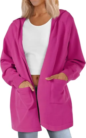 SMENG Women's Lightweight Hooded Sweater Open Front Cardigan Casual Knit Long Sleeve Outerwear with Pockets