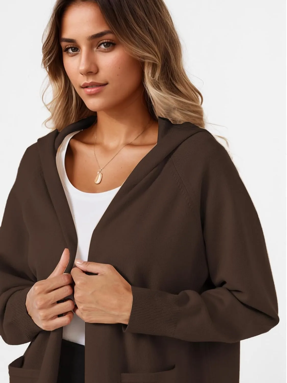 SMENG Women's Lightweight Hooded Sweater Open Front Cardigan Casual Knit Long Sleeve Outerwear with Pockets