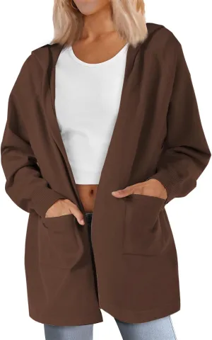 SMENG Women's Lightweight Hooded Sweater Open Front Cardigan Casual Knit Long Sleeve Outerwear with Pockets
