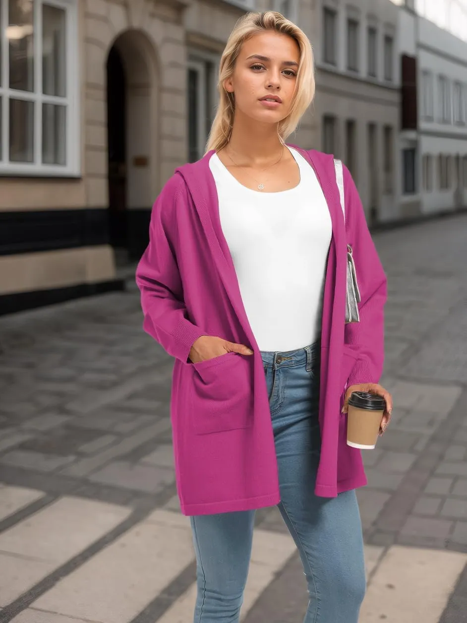 SMENG Women's Lightweight Hooded Sweater Open Front Cardigan Casual Knit Long Sleeve Outerwear with Pockets