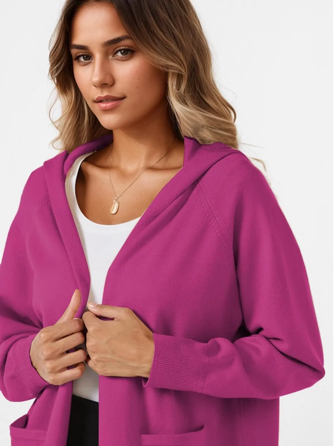 SMENG Women's Lightweight Hooded Sweater Open Front Cardigan Casual Knit Long Sleeve Outerwear with Pockets
