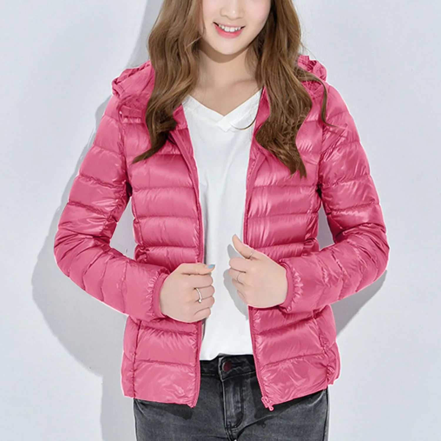 SMIDOW Winter Jackets For Women 2023 Trendy Warm Lightweight Puffer Coat Solid Color Quilted Full Zip Down Coats With Hood