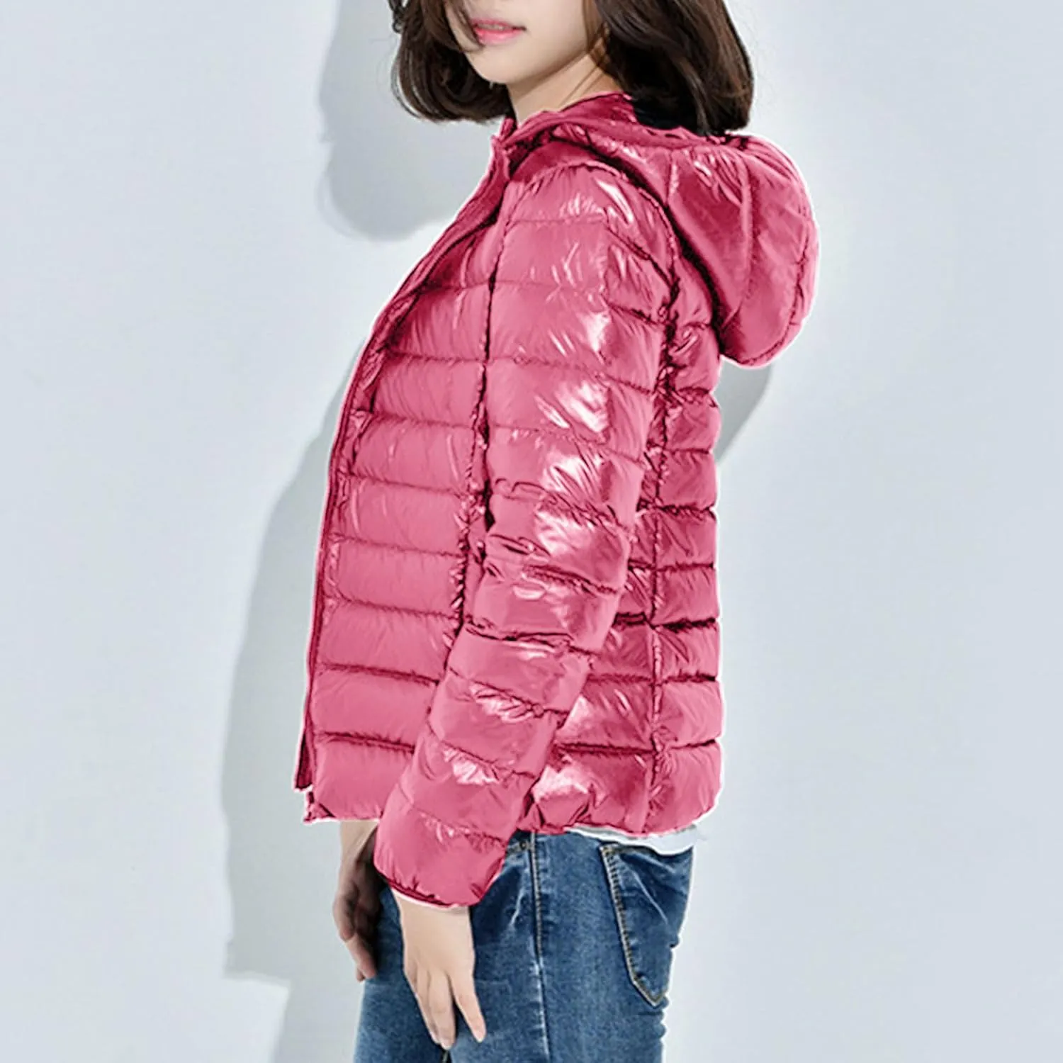 SMIDOW Winter Jackets For Women 2023 Trendy Warm Lightweight Puffer Coat Solid Color Quilted Full Zip Down Coats With Hood