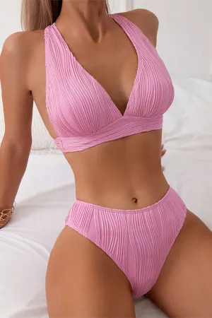 Solid Color Embossed Stylish Strappy Back Bikini