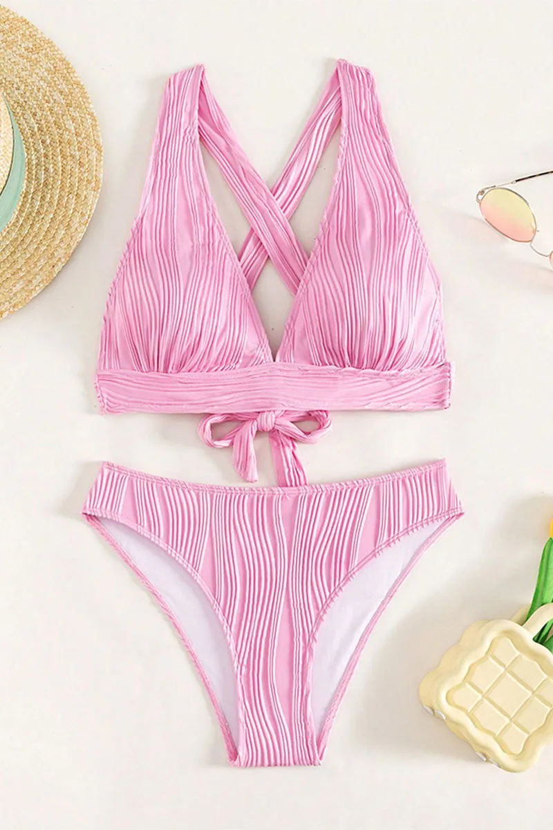 Solid Color Embossed Stylish Strappy Back Bikini