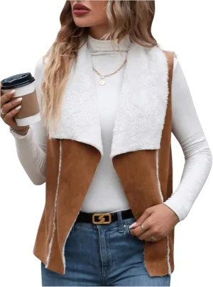 SOLY HUX Women's Casual Open Front Lapel Suede Vest Jacket Sleeveless Fleece Outerwear Coat