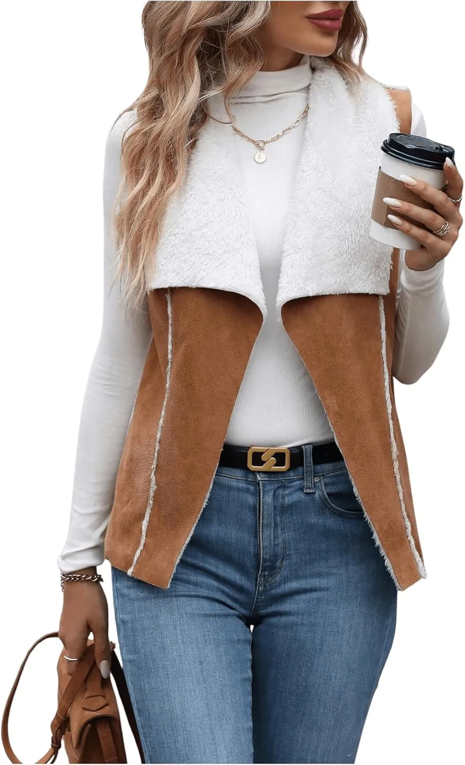 SOLY HUX Women's Casual Open Front Lapel Suede Vest Jacket Sleeveless Fleece Outerwear Coat