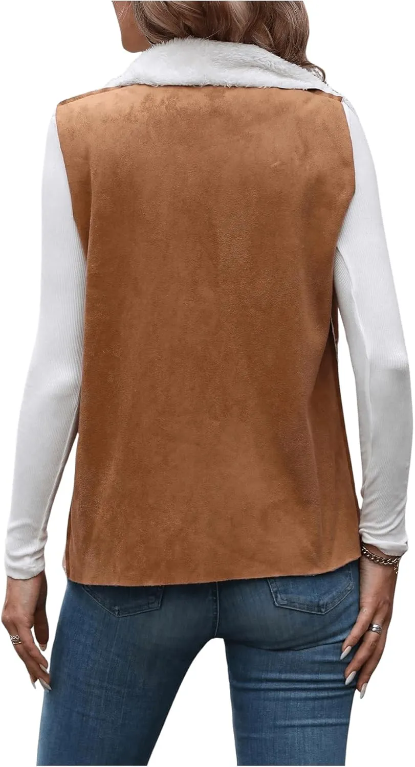 SOLY HUX Women's Casual Open Front Lapel Suede Vest Jacket Sleeveless Fleece Outerwear Coat