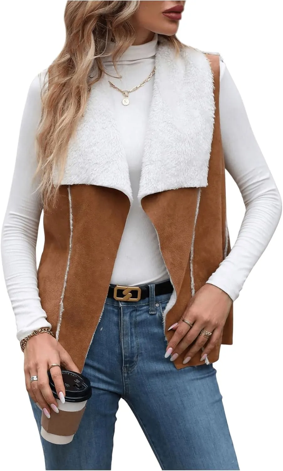 SOLY HUX Women's Casual Open Front Lapel Suede Vest Jacket Sleeveless Fleece Outerwear Coat