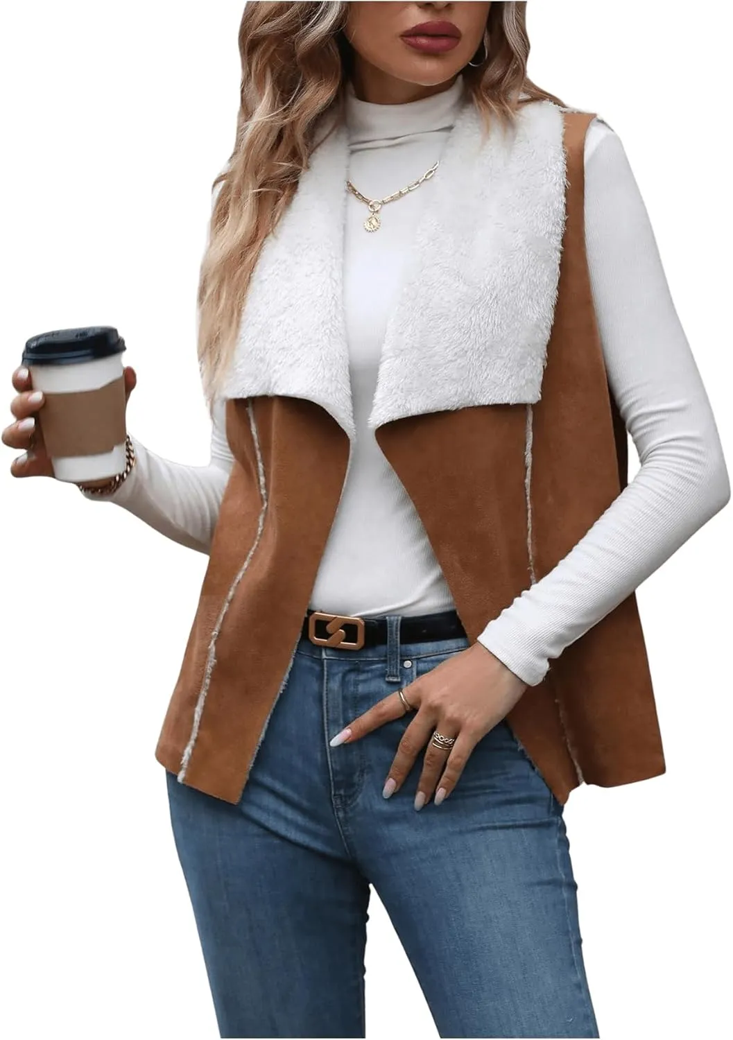 SOLY HUX Women's Casual Open Front Lapel Suede Vest Jacket Sleeveless Fleece Outerwear Coat