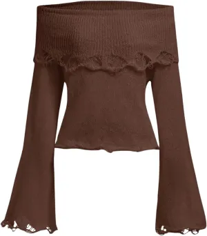SOLY HUX Women's Ripped Sweaters Off Shoulder Bell Long Sleeve Pullover Tops