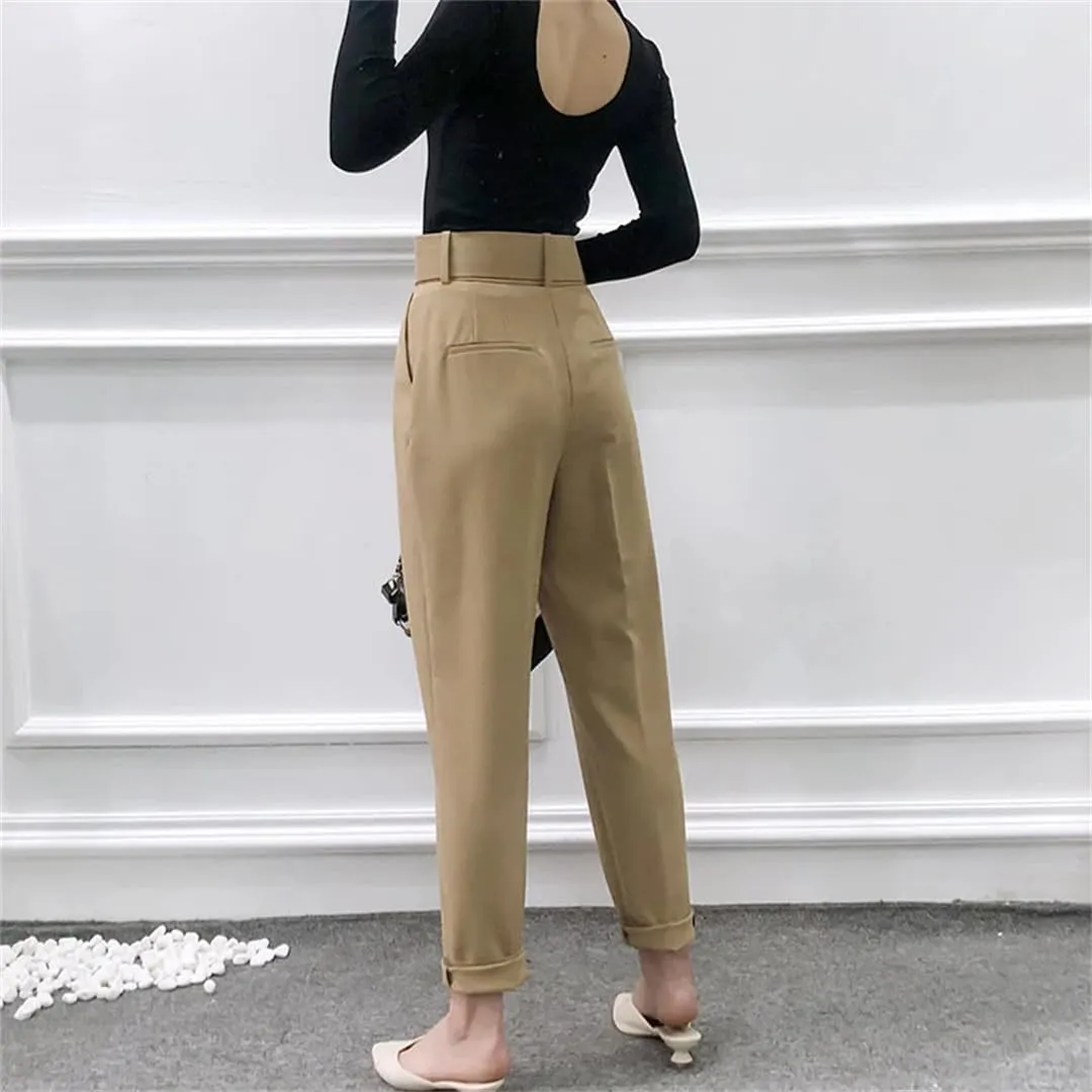 Spring Women Straight Harem Pants Belt Casual Ankle Length Elegant Pleated Trousers