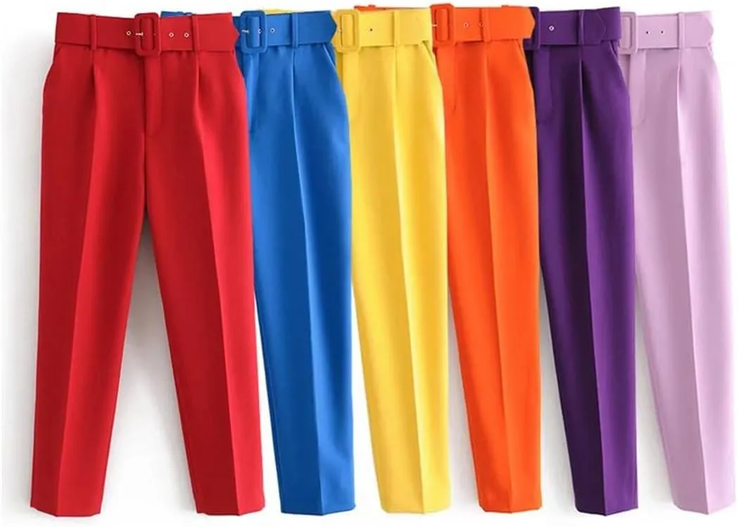 Spring Women Straight Harem Pants Belt Casual Ankle Length Elegant Pleated Trousers