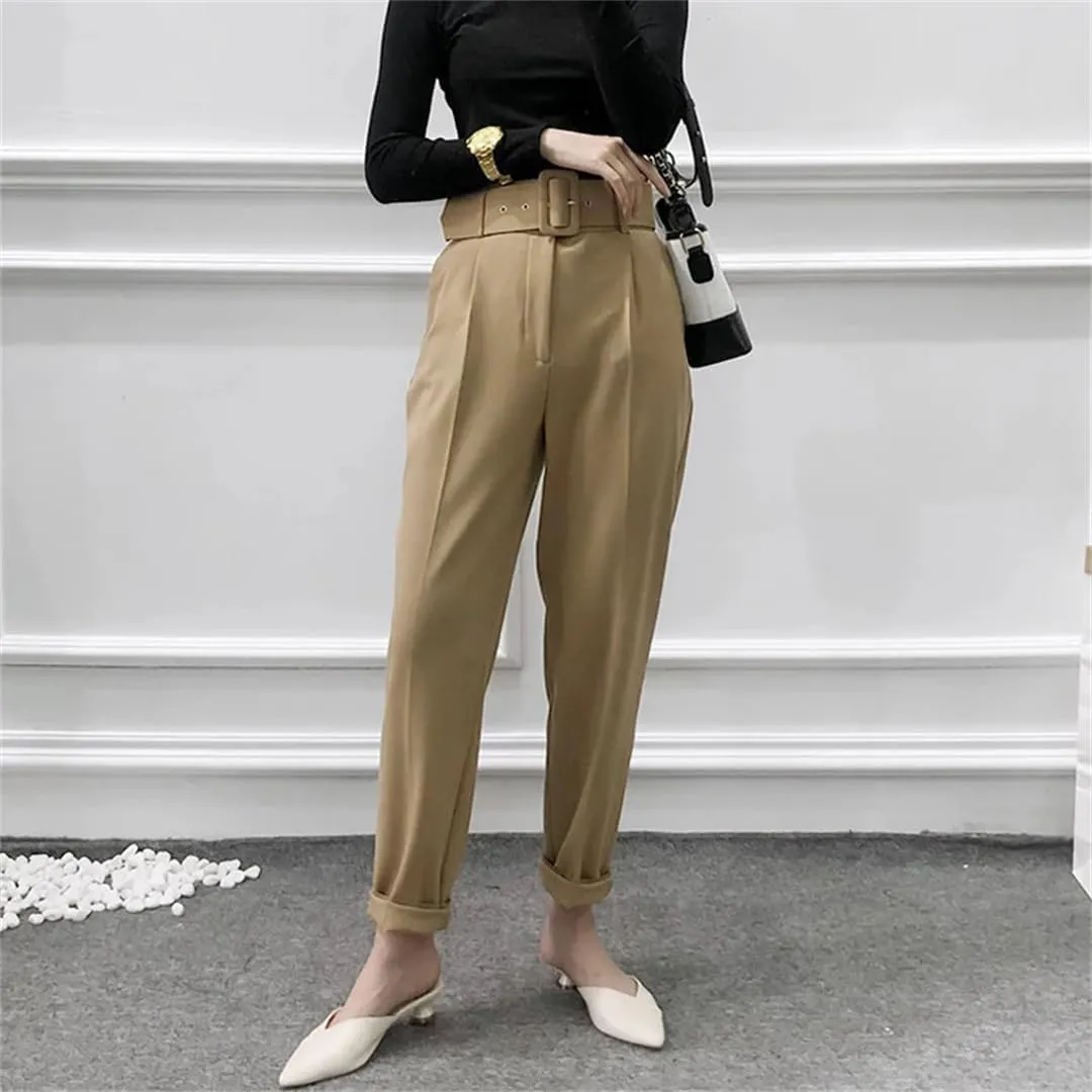 Spring Women Straight Harem Pants Belt Casual Ankle Length Elegant Pleated Trousers