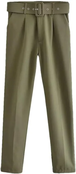Spring Women Straight Harem Pants Belt Casual Ankle Length Elegant Pleated Trousers