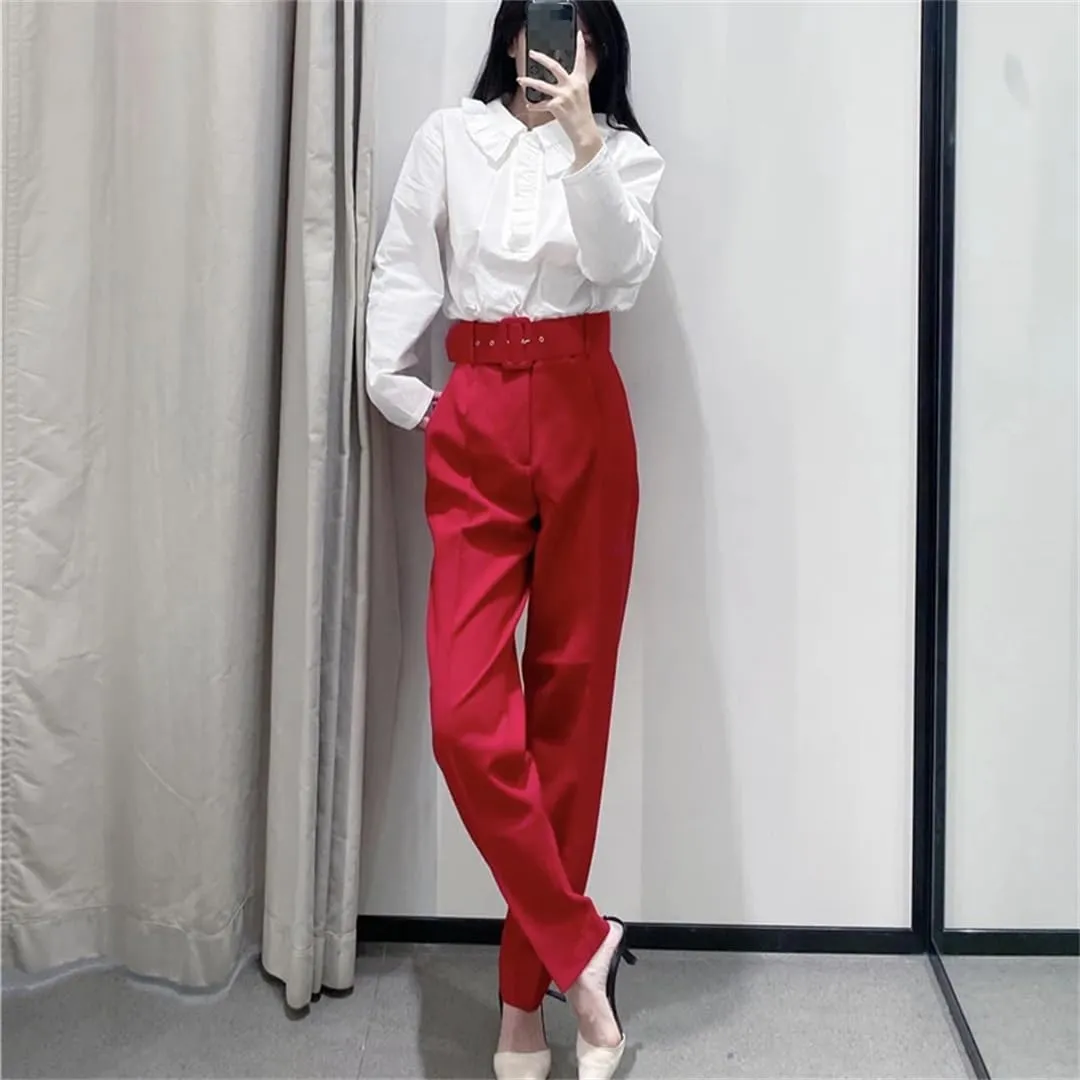 Spring Women Straight Harem Pants Belt Casual Ankle Length Elegant Pleated Trousers