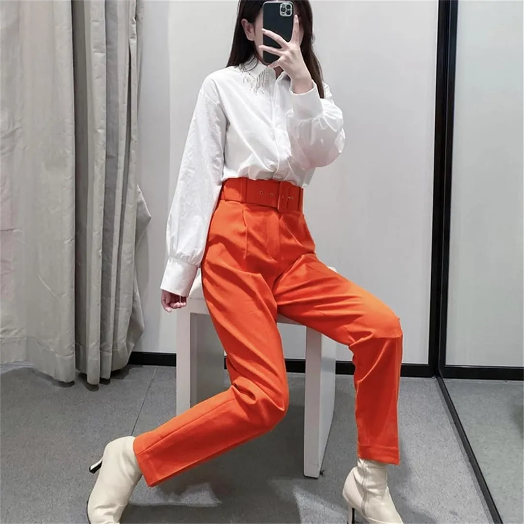 Spring Women Straight Harem Pants Belt Casual Ankle Length Elegant Pleated Trousers