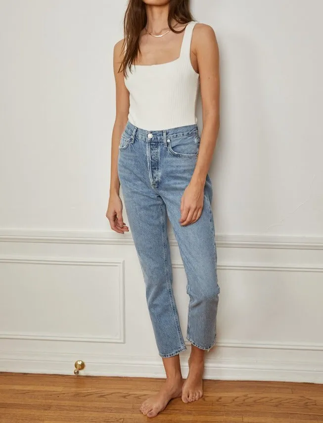 square neckline rib knit bodysuit - off white