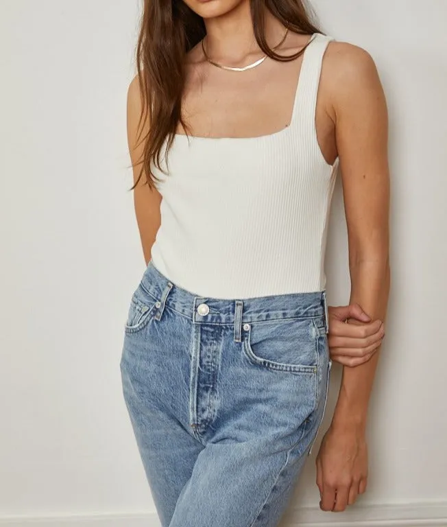 square neckline rib knit bodysuit - off white