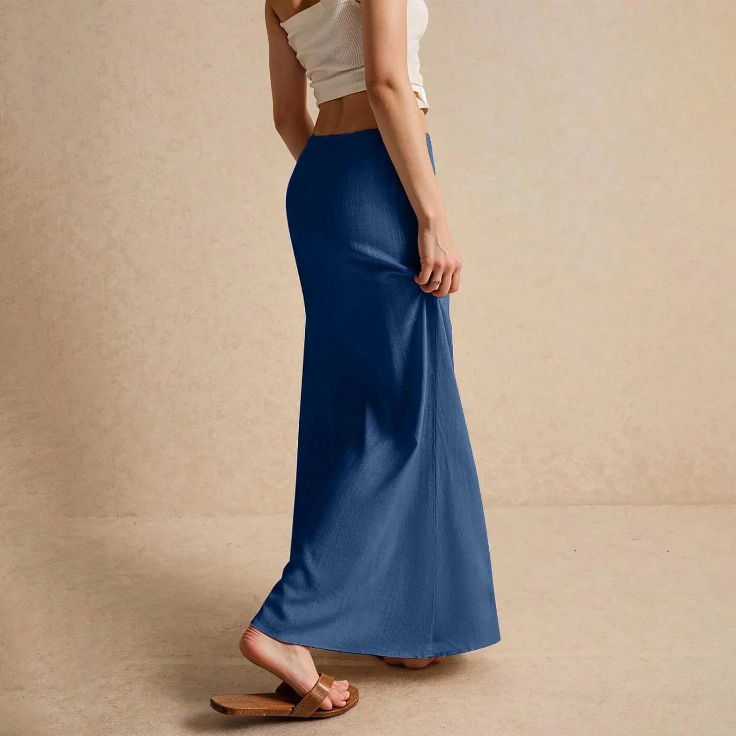 Summer Linen Maxi Skirts for Women Comfy Drawstring Waist A Line Cute Vacation Boho Long Flowy Skirt Trendy