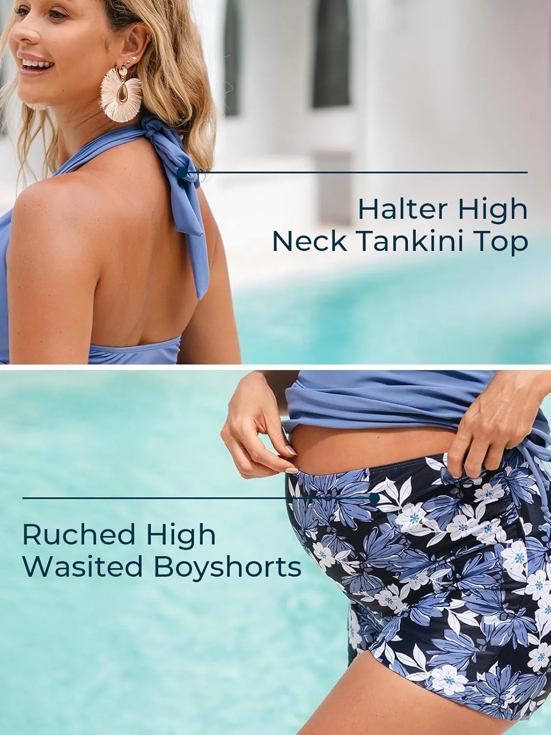 Summer Mae Maternity Two-Piece Halter Swimsuit Tankini V-Neck Side Tie Bathing Suit Pregnancy High Waist Swimwear
