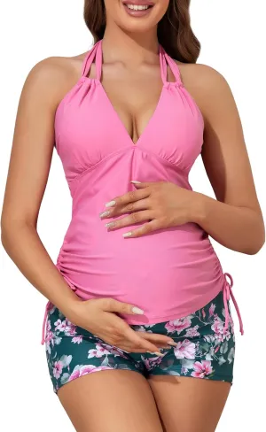 Summer Mae Maternity Two-Piece Halter Swimsuit Tankini V-Neck Side Tie Bathing Suit Pregnancy High Waist Swimwear