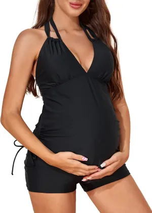 Summer Mae Maternity Two-Piece Halter Swimsuit Tankini V-Neck Side Tie Bathing Suit Pregnancy High Waist Swimwear