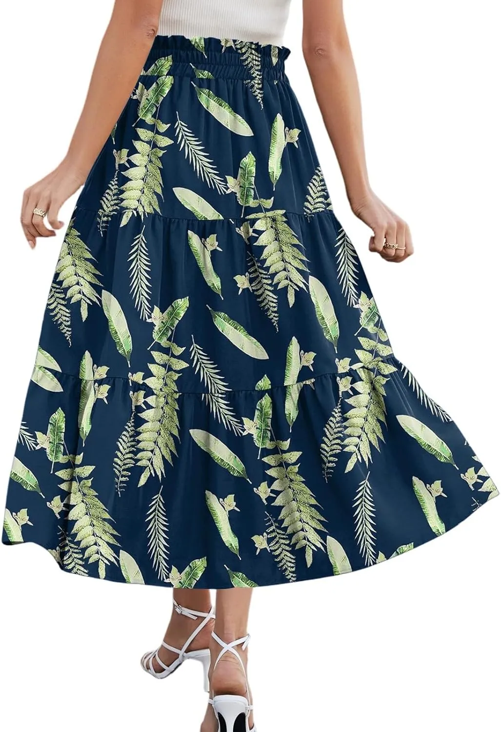 Summer Skirt for Women Comfy Tiered Elastic High Waisted Floral Maxi Skirts Vacation A-Line Flowy Swing Long Skorts