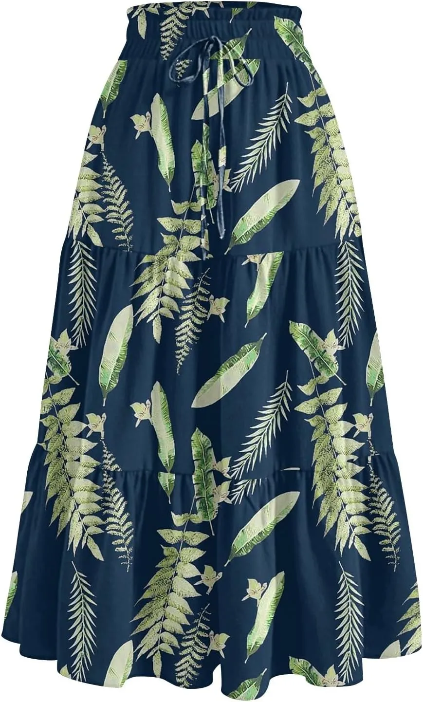 Summer Skirt for Women Comfy Tiered Elastic High Waisted Floral Maxi Skirts Vacation A-Line Flowy Swing Long Skorts