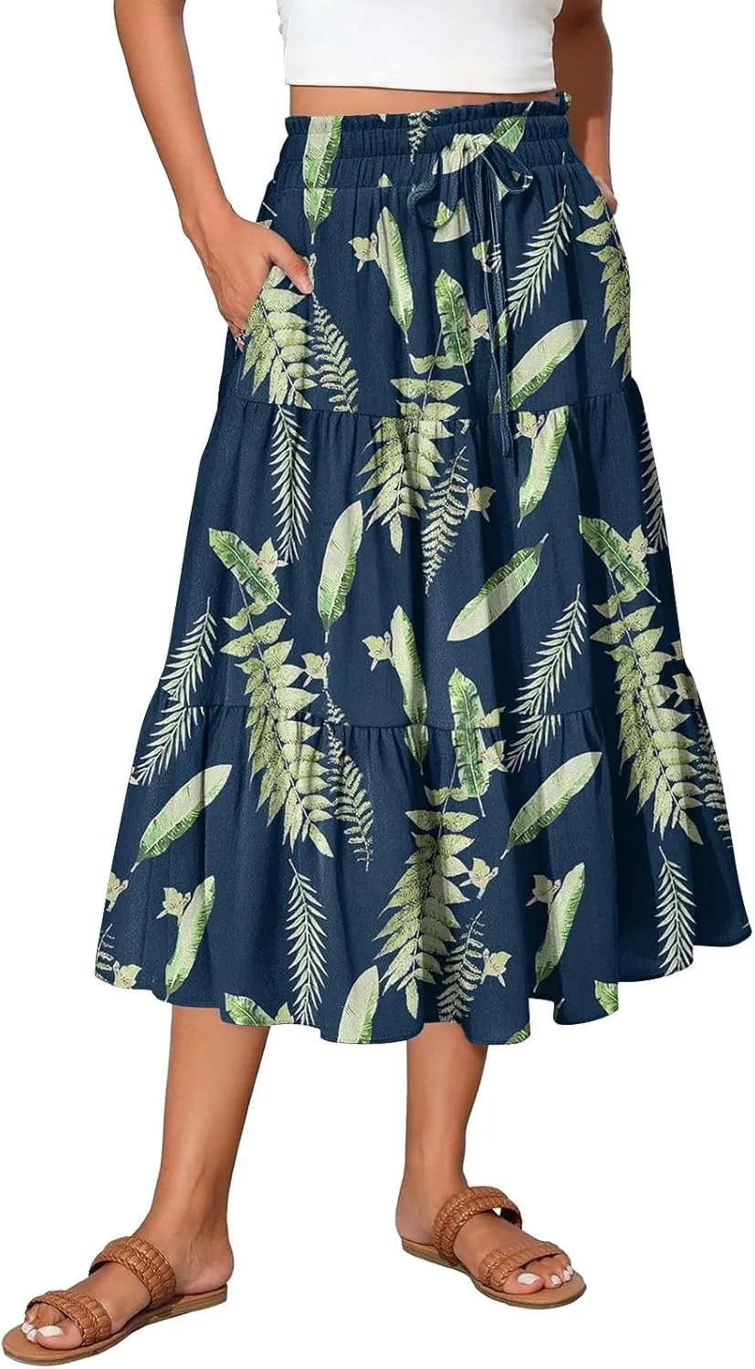 Summer Skirt for Women Comfy Tiered Elastic High Waisted Floral Maxi Skirts Vacation A-Line Flowy Swing Long Skorts