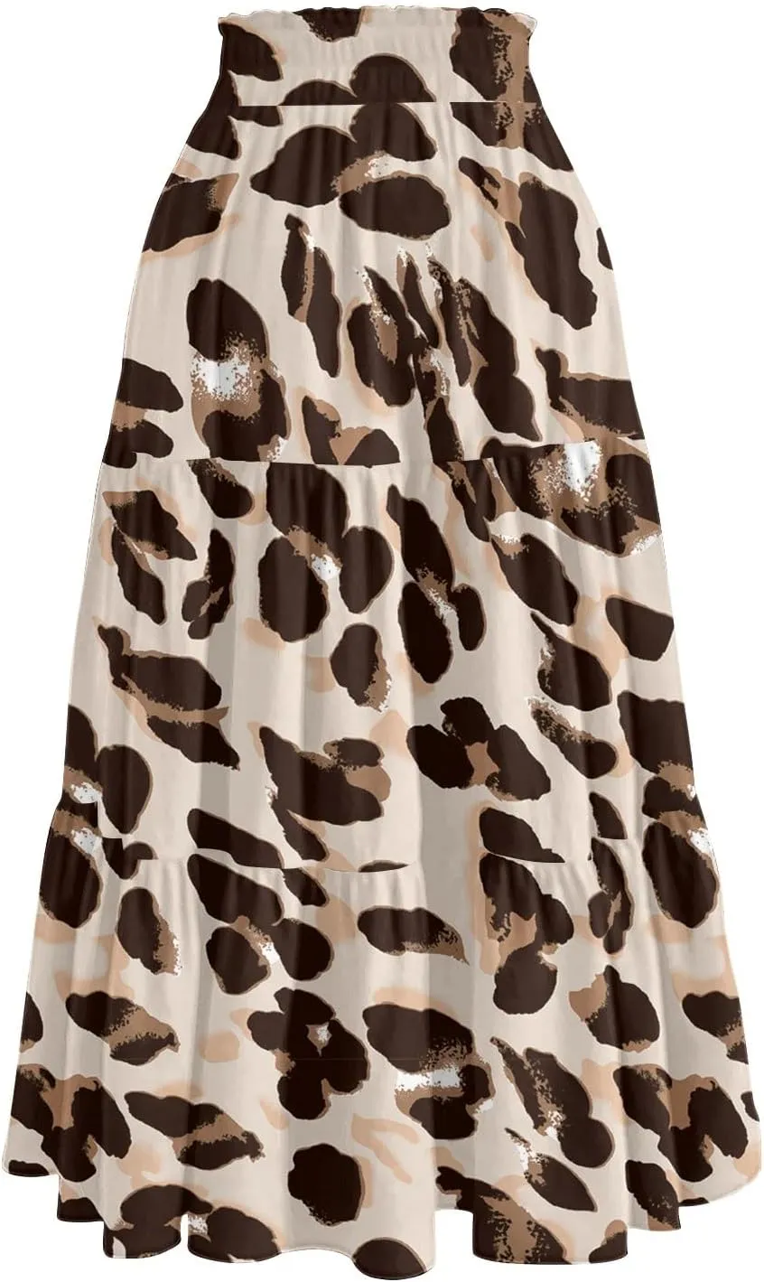 Summer Skirt for Women Comfy Tiered Elastic High Waisted Floral Maxi Skirts Vacation A-Line Flowy Swing Long Skorts