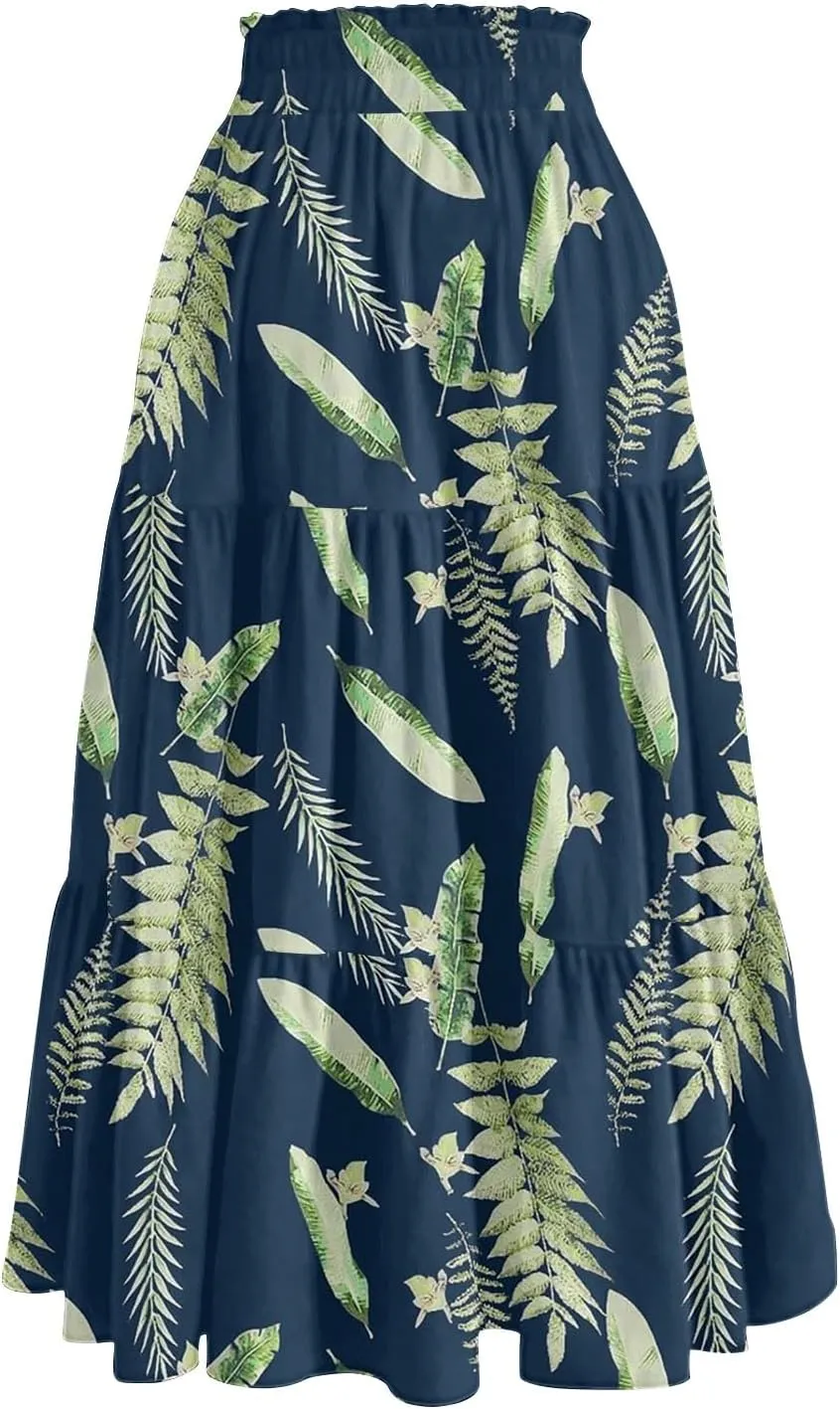 Summer Skirt for Women Comfy Tiered Elastic High Waisted Floral Maxi Skirts Vacation A-Line Flowy Swing Long Skorts