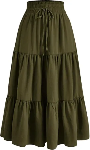 Summer Skirt for Women Comfy Tiered Elastic High Waisted Pleated Skirts Vacation A-Line Flowy Swing Long Skirts