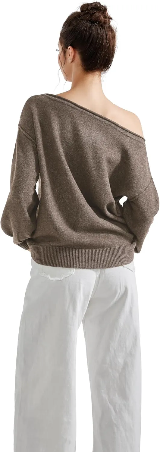 SUUKSESS Women Off The Shoulder Spring Sweaters Long Sleeve Boat Neck Oversized Pullover Sweater Tops