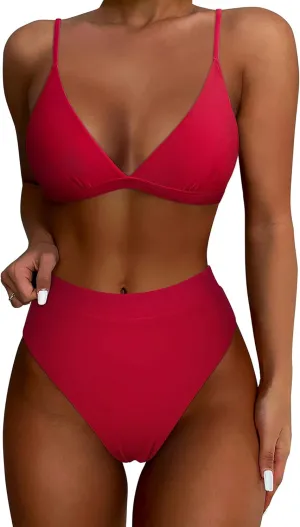 SUUKSESS Women Sexy High Waisted 2 Piece Bikini Sets Triangle High Cut Swimsuits