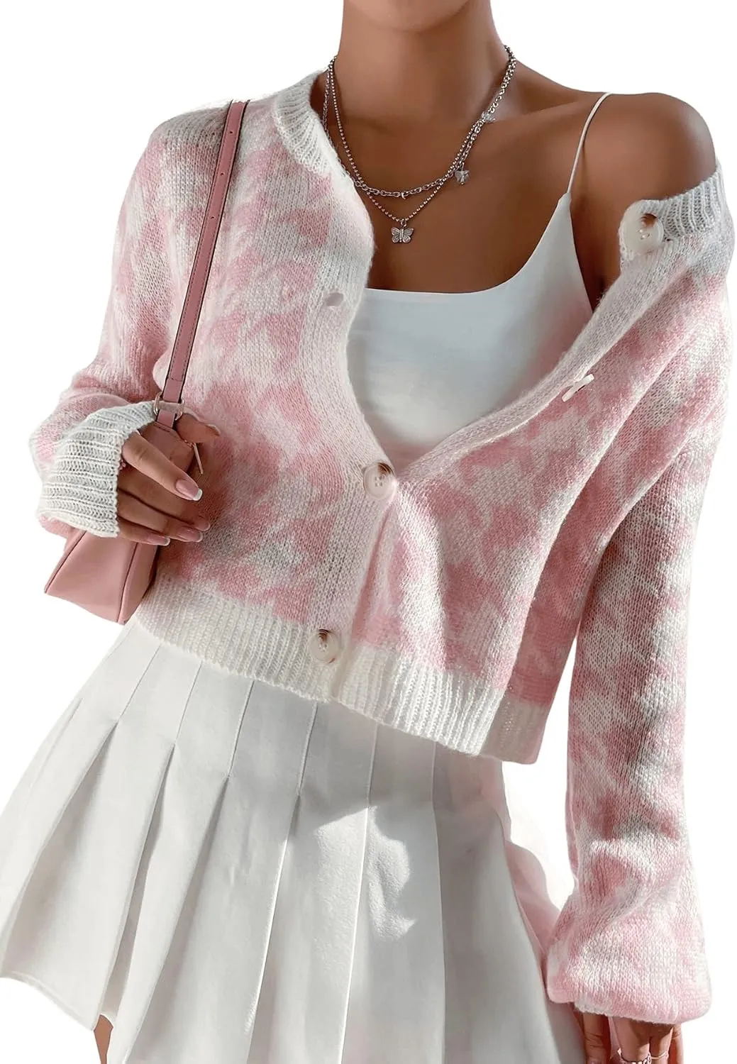 SweatyRocks Women's Houndstooth Long Sleeve Button Down Cardigan Crop Top Casual Drop Shoulder Sweater Outerwear