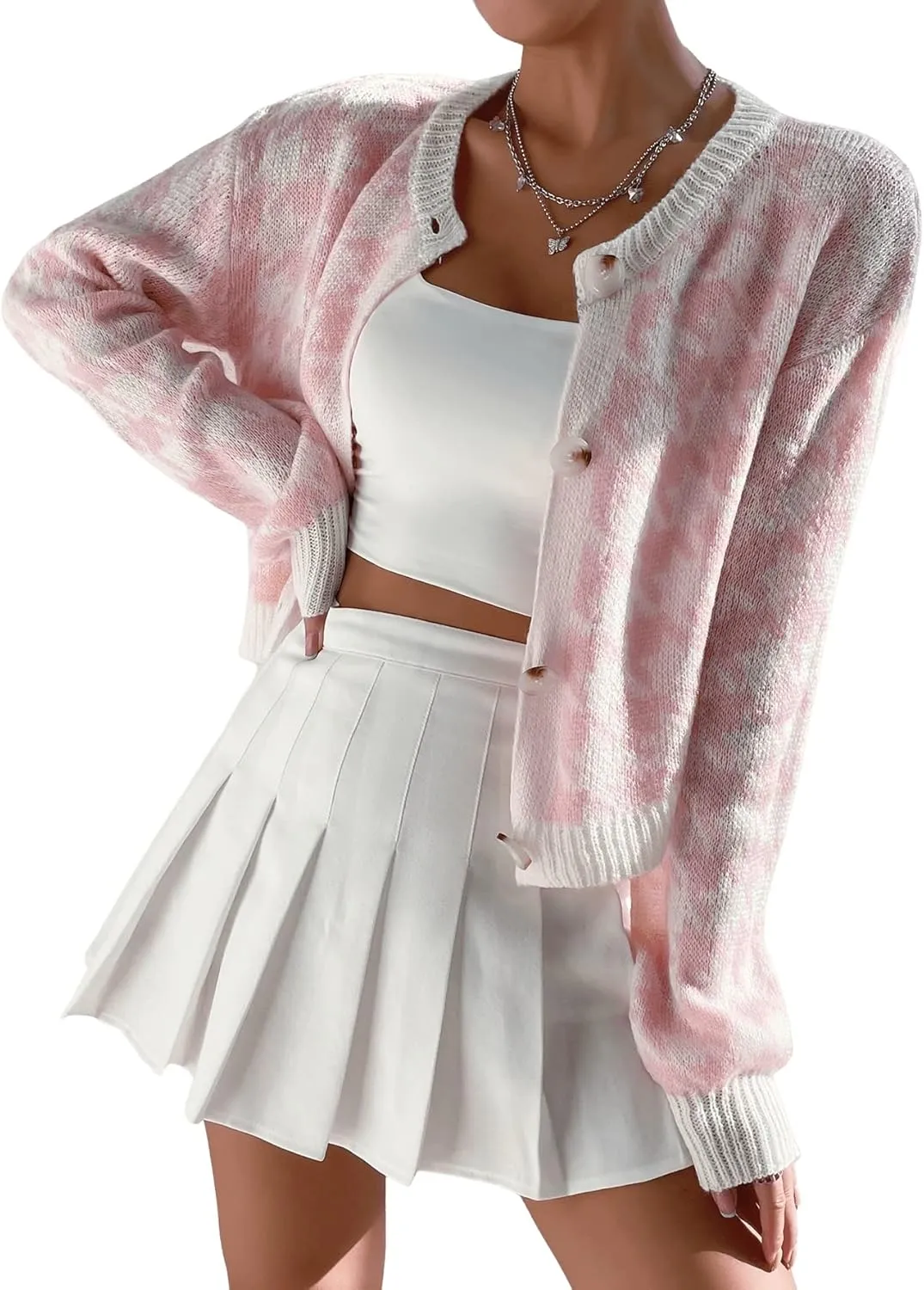 SweatyRocks Women's Houndstooth Long Sleeve Button Down Cardigan Crop Top Casual Drop Shoulder Sweater Outerwear