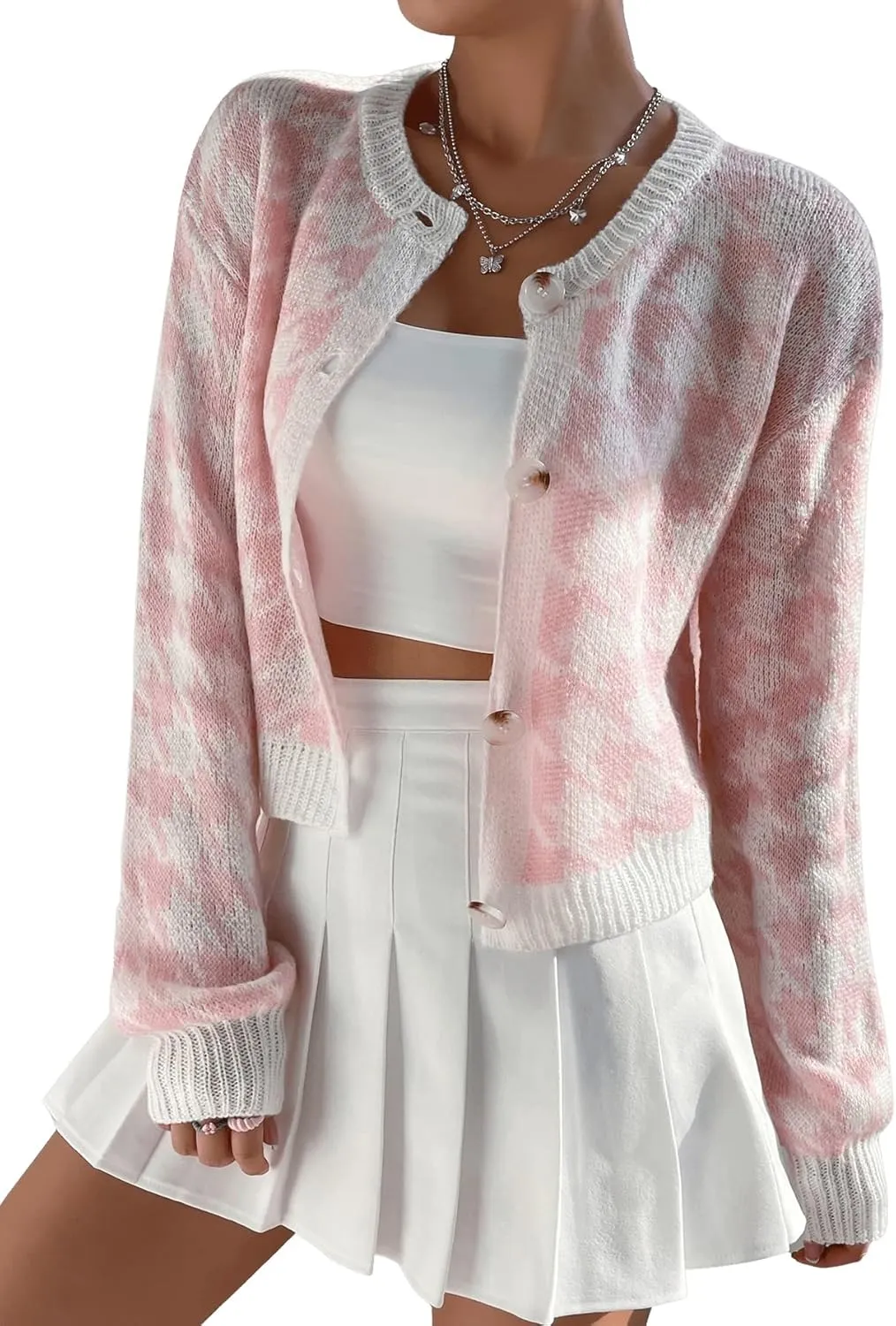SweatyRocks Women's Houndstooth Long Sleeve Button Down Cardigan Crop Top Casual Drop Shoulder Sweater Outerwear