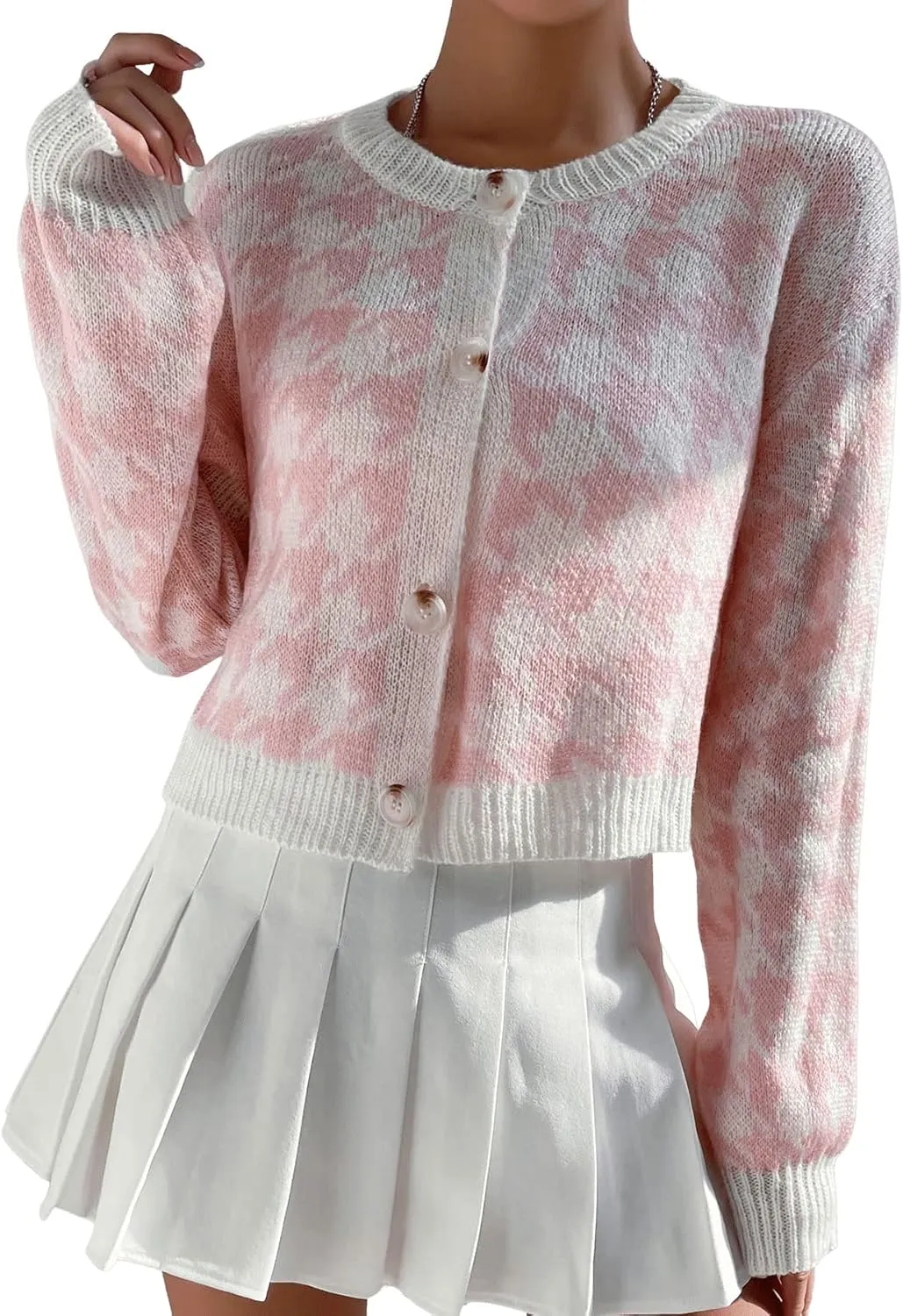 SweatyRocks Women's Houndstooth Long Sleeve Button Down Cardigan Crop Top Casual Drop Shoulder Sweater Outerwear