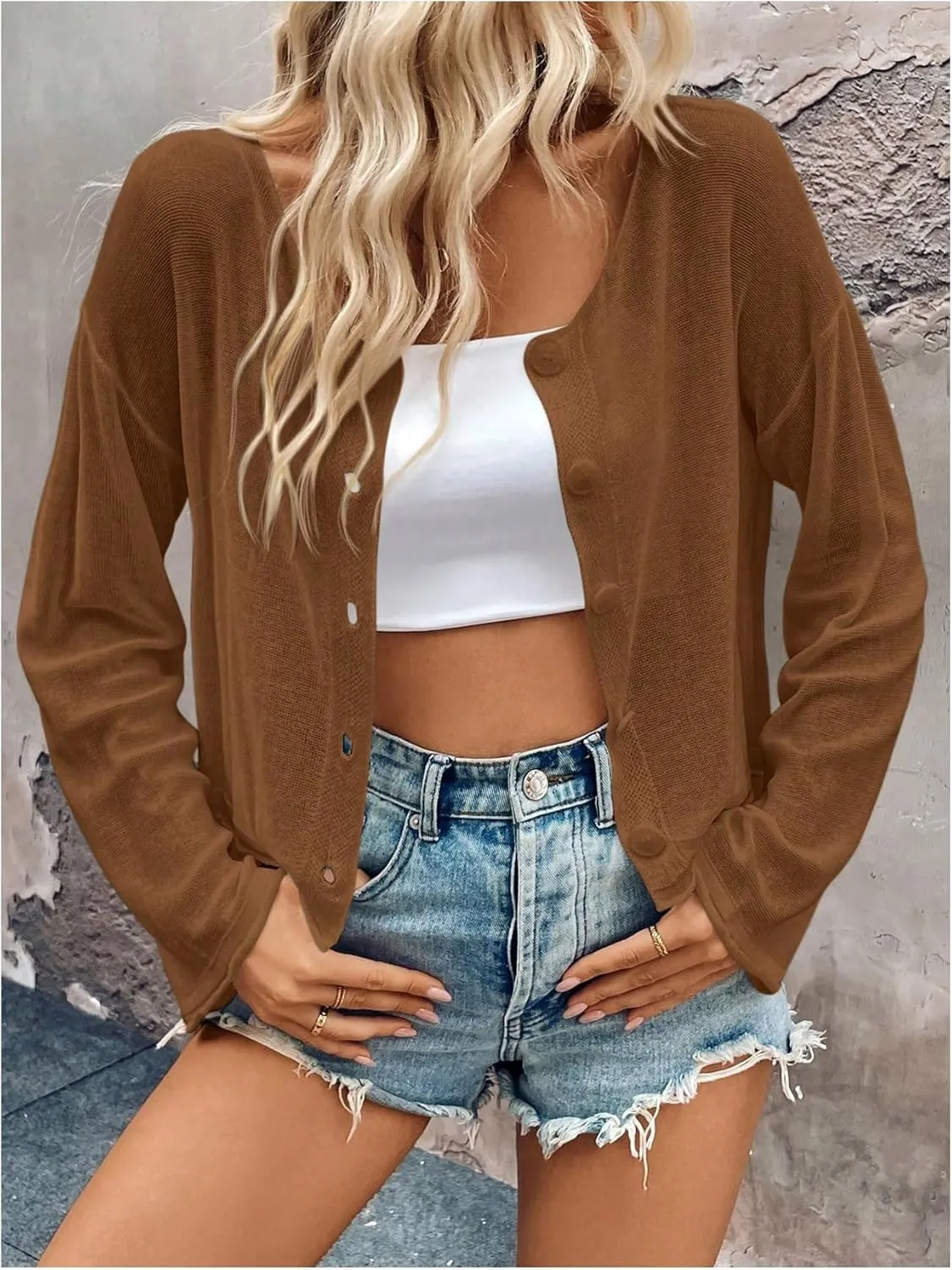 SweatyRocks Women's Sheer Button Down Cardigan Long Sleeve Scoop Neck Knitted Sweaters