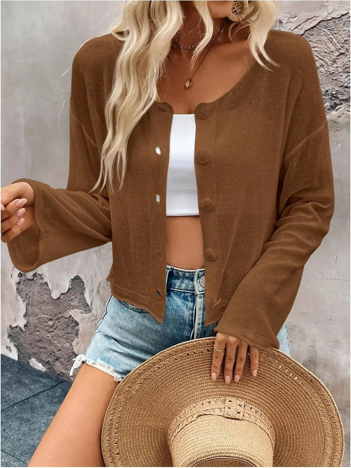 SweatyRocks Women's Sheer Button Down Cardigan Long Sleeve Scoop Neck Knitted Sweaters