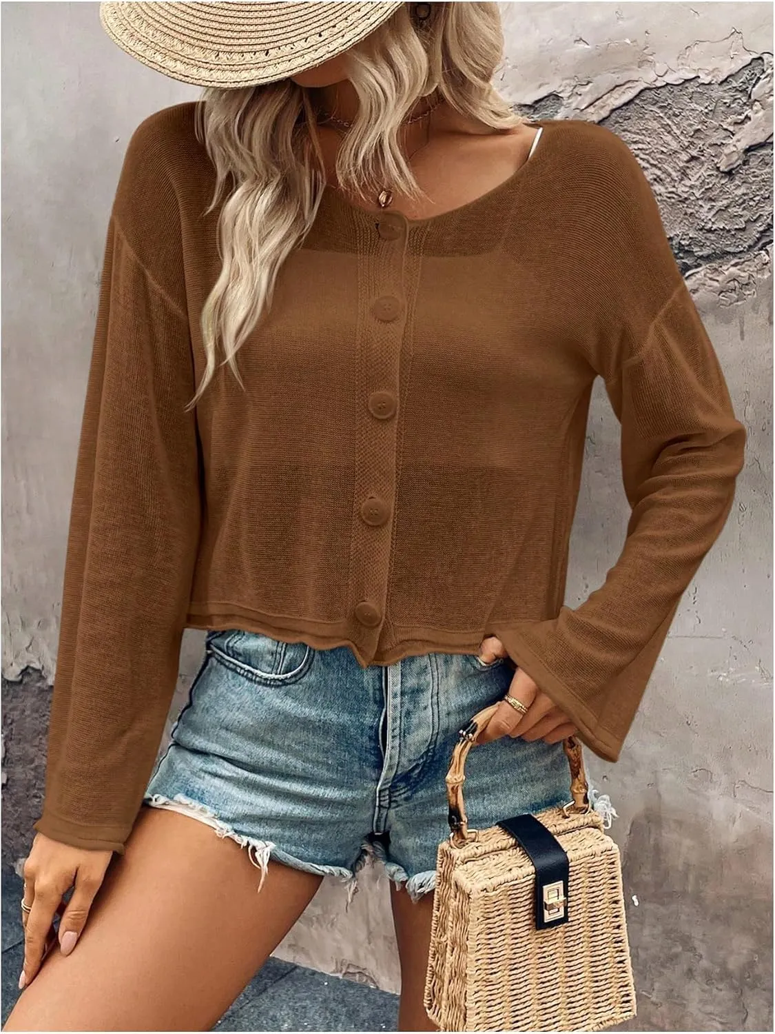 SweatyRocks Women's Sheer Button Down Cardigan Long Sleeve Scoop Neck Knitted Sweaters