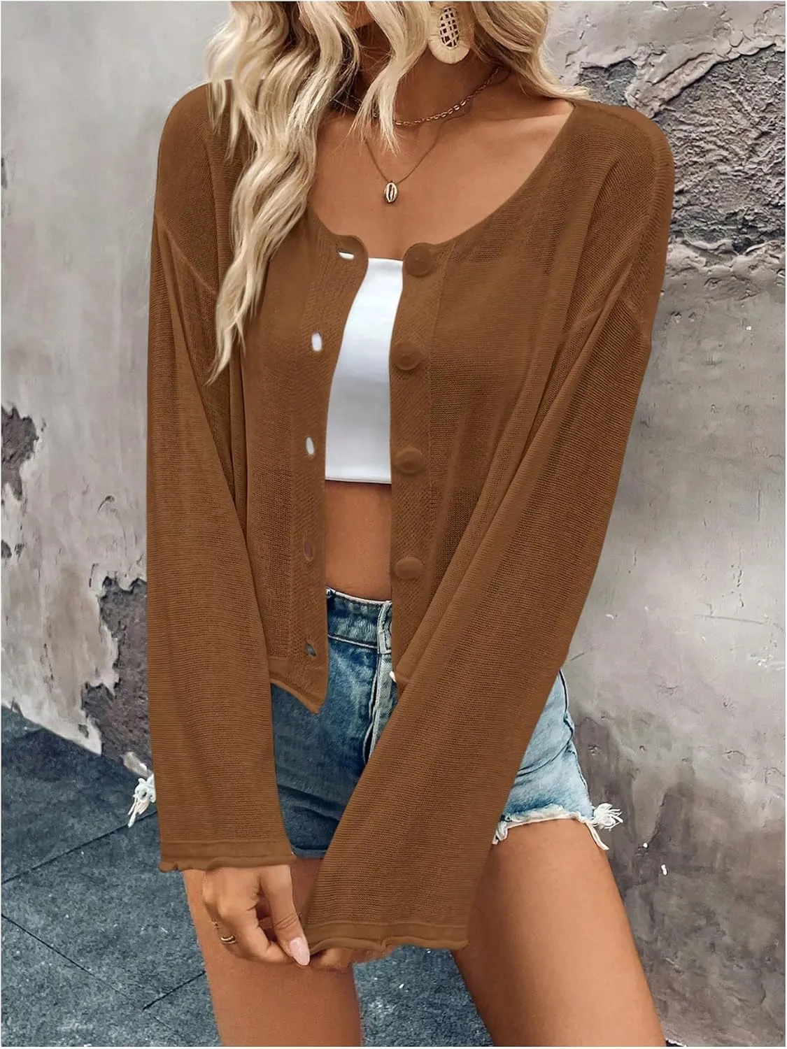 SweatyRocks Women's Sheer Button Down Cardigan Long Sleeve Scoop Neck Knitted Sweaters