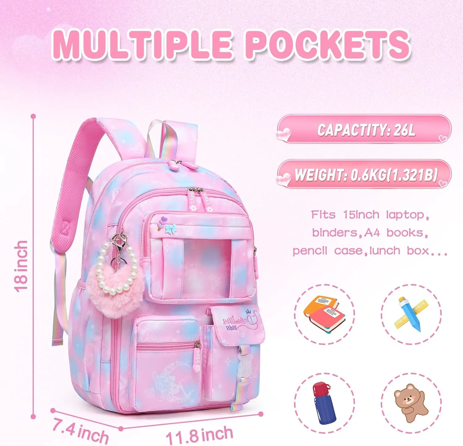 Sweet Girls Backpack - Stylish Splash-resistant School Bag with Multiple Pockets & Trendy Laptop Compartment17inch Pink