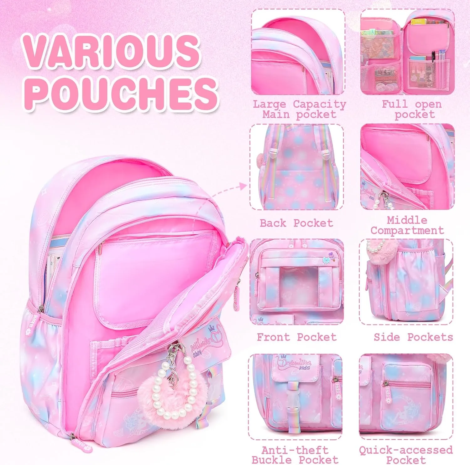 Sweet Girls Backpack - Stylish Splash-resistant School Bag with Multiple Pockets & Trendy Laptop Compartment17inch Pink