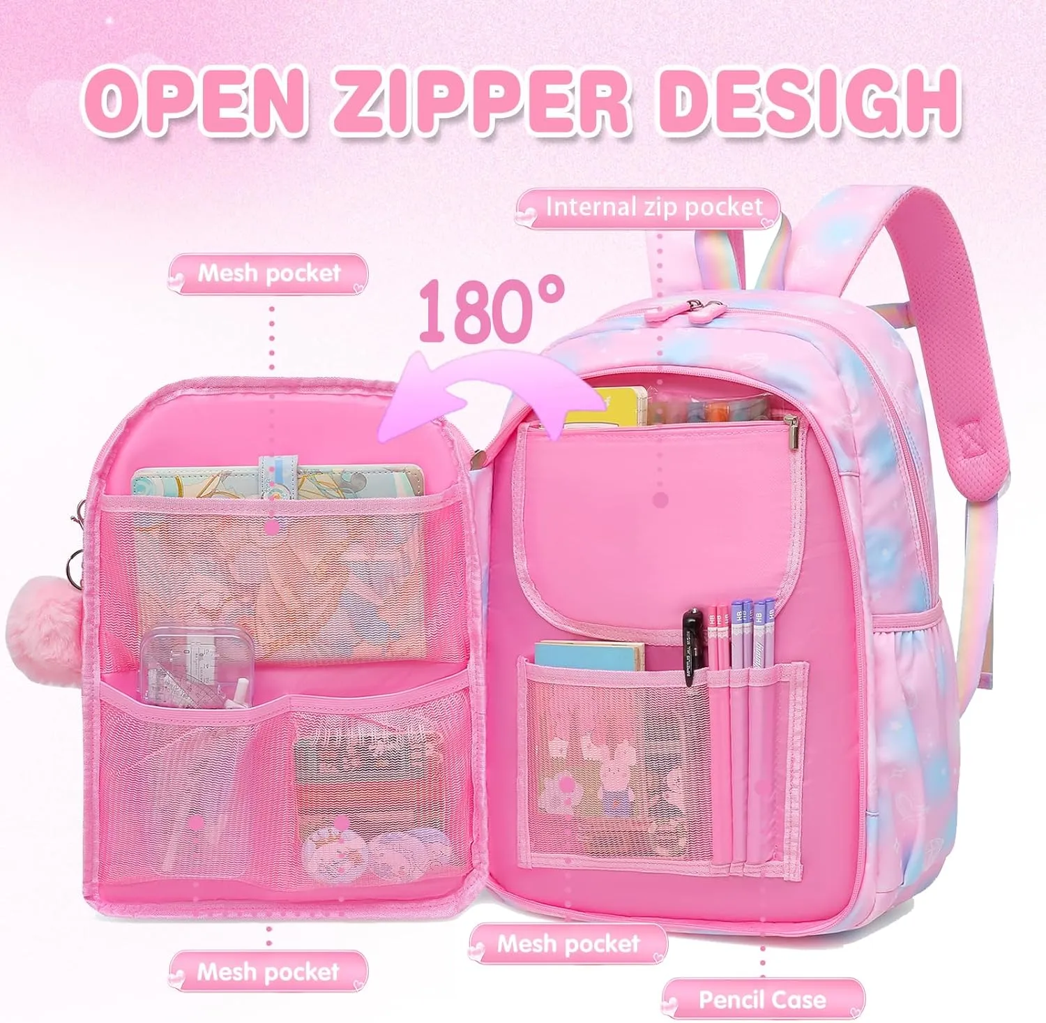 Sweet Girls Backpack - Stylish Splash-resistant School Bag with Multiple Pockets & Trendy Laptop Compartment17inch Pink