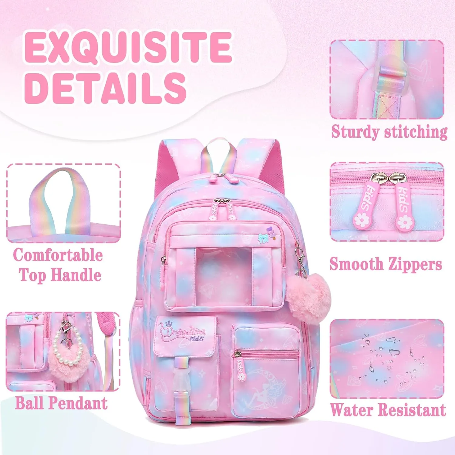 Sweet Girls Backpack - Stylish Splash-resistant School Bag with Multiple Pockets & Trendy Laptop Compartment17inch Pink