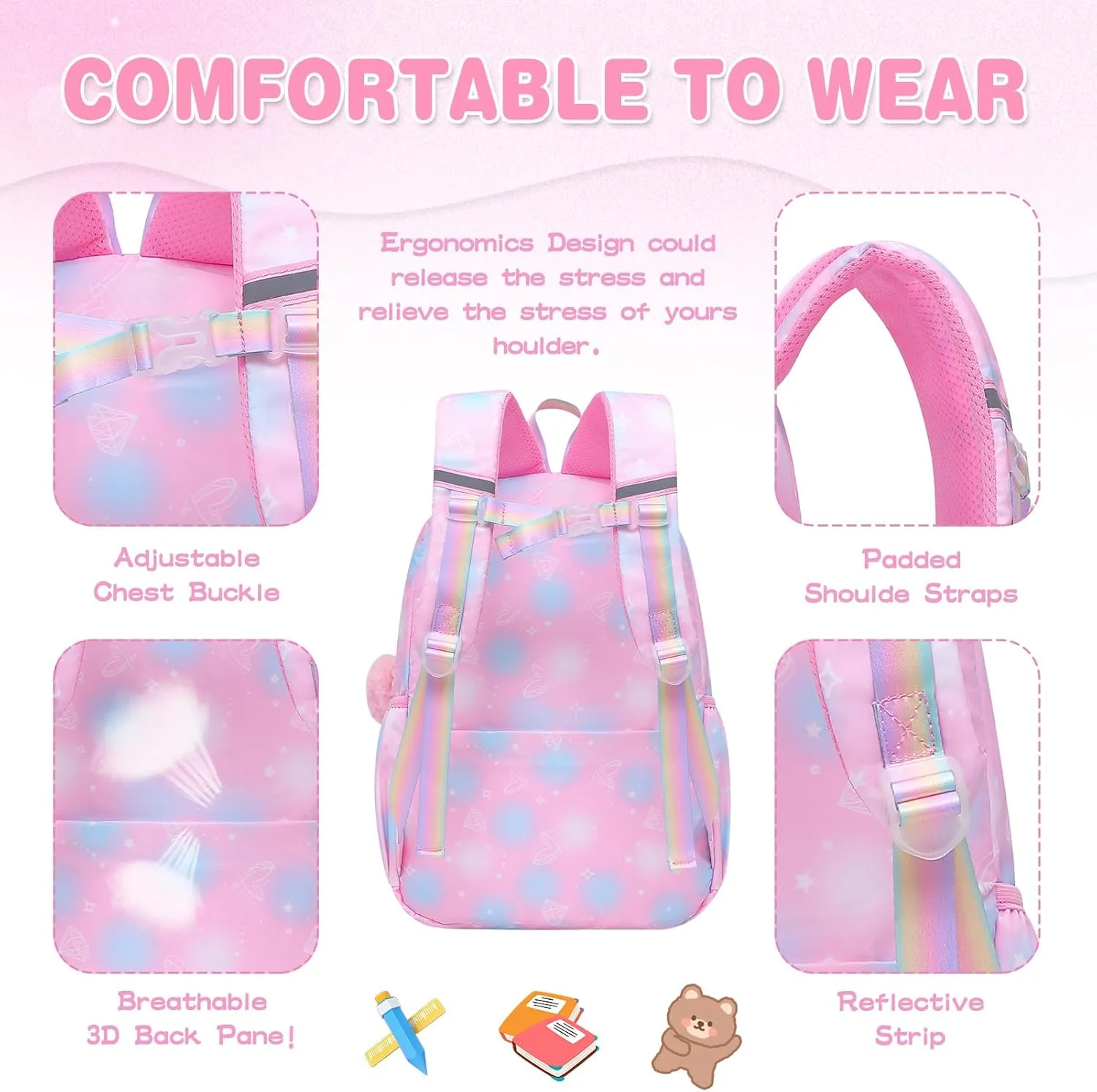Sweet Girls Backpack - Stylish Splash-resistant School Bag with Multiple Pockets & Trendy Laptop Compartment17inch Pink