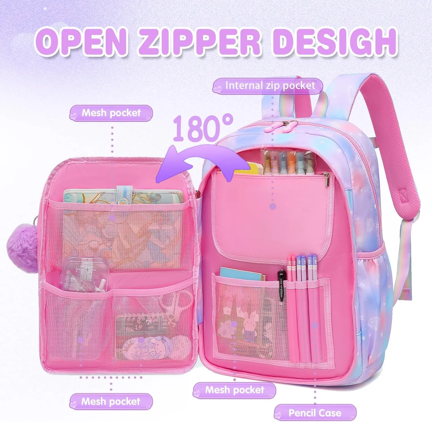 Sweet Girls Backpack - Stylish Splash-resistant School Bag with Multiple Pockets & Trendy Laptop Compartment17inch Purple