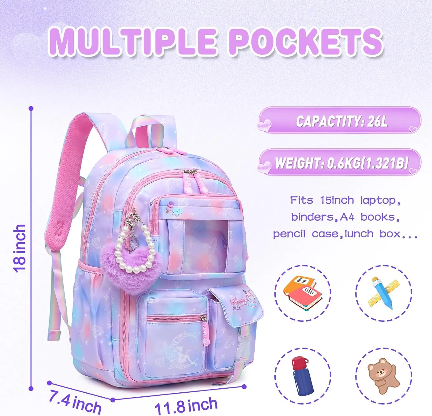 Sweet Girls Backpack - Stylish Splash-resistant School Bag with Multiple Pockets & Trendy Laptop Compartment17inch Purple